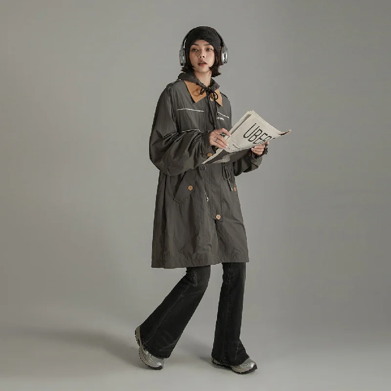 Versatile Wear Color Collar String Long Windbreaker Jacket
