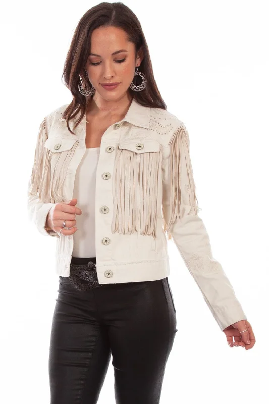 Comfortable Jackets Scully Womens Off White Cotton Blend Fringe Paisley Denim Jacket