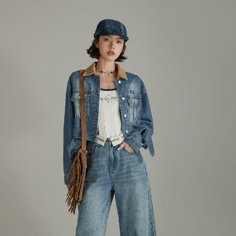 Fashionable Items Color Collar Stitching Retro Denim Jacket