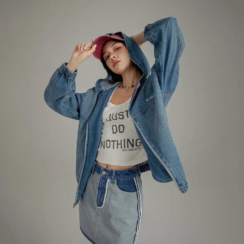 Everyday Comfort Embroidered Letter Denim Hooded Jacket