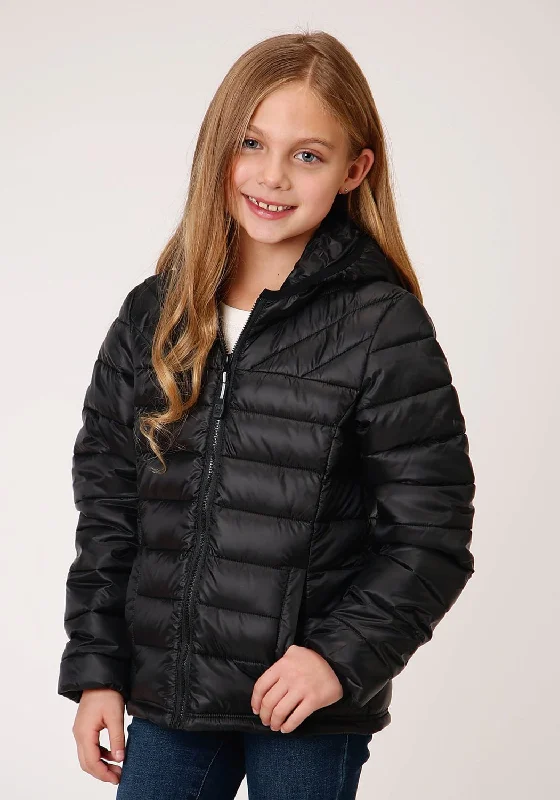 Unique Prints Roper Girls Black Nylon Parachute Insulated Hood Jacket