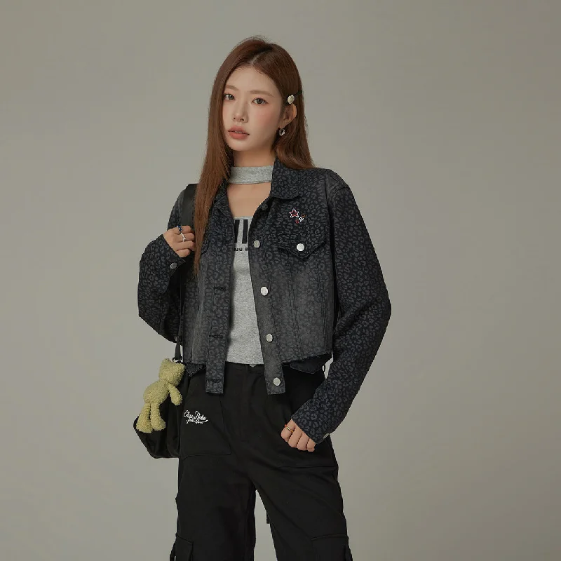 Casual And Comfortable Star Logo Leopard Denim Jacket