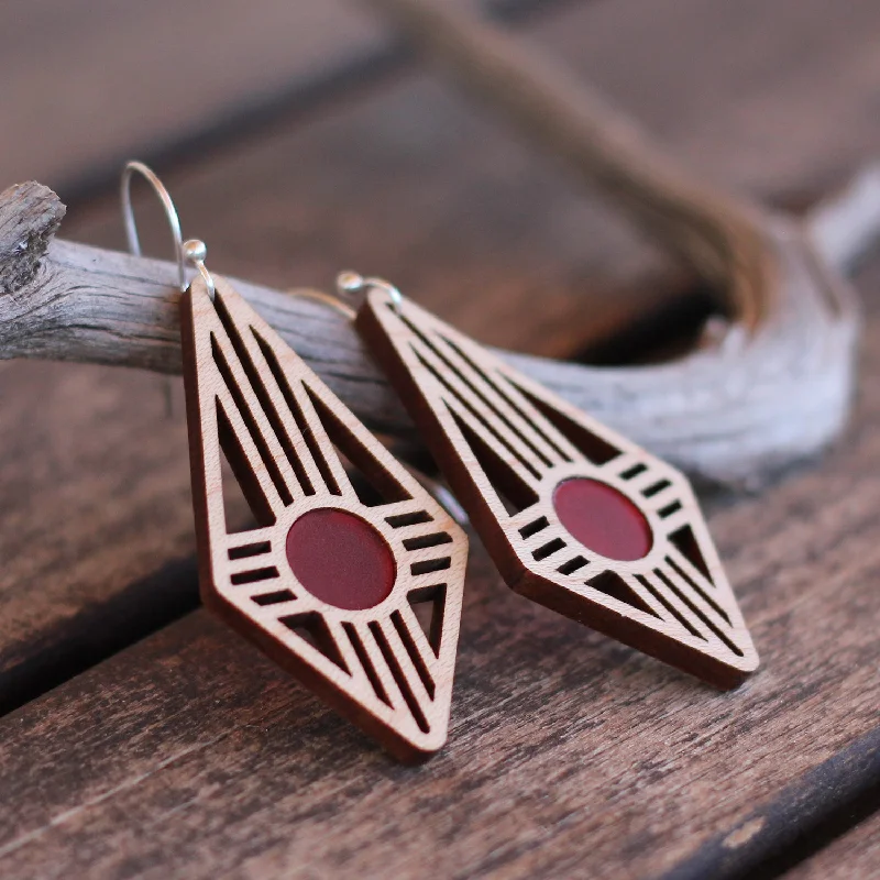 Slightly Flared Design Diamond Zia Earrings in Maple & Red