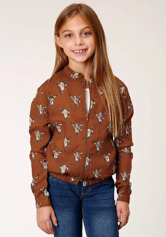 Lace Design Roper Girls Kids Brown Rayon/Nylon Cowskulls Bomber Jacket