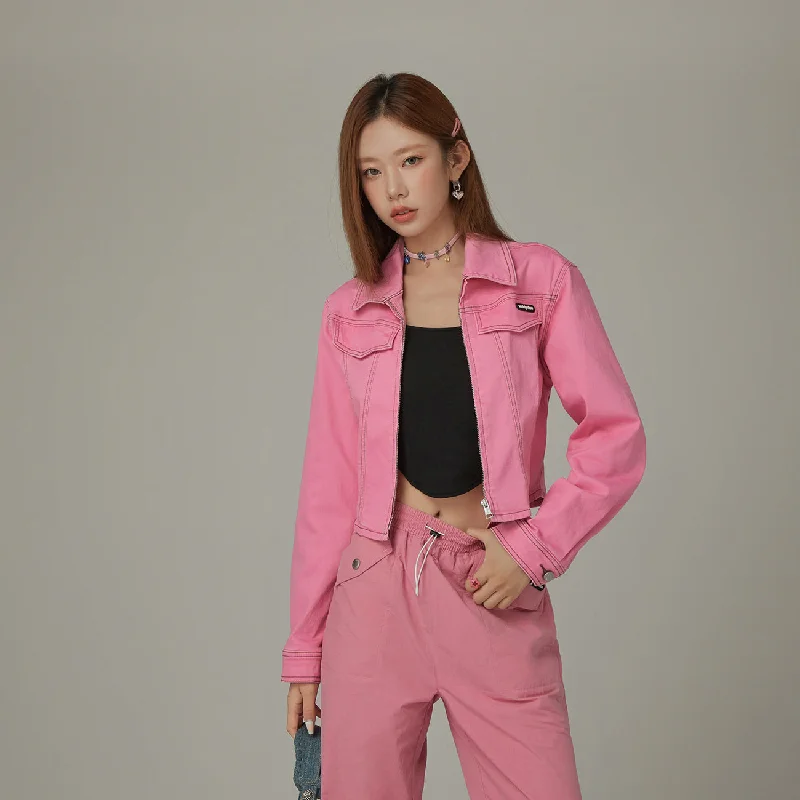Elegant Wear Color Zip-Up Denim Jacket