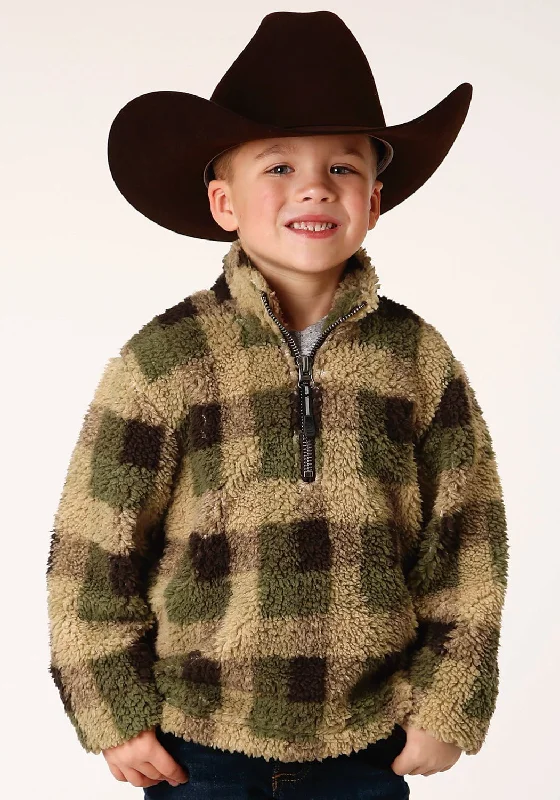 Free And Comfortable Roper Boys Kids Green/Brown Polyester Polar Fleece Plaid Jacket
