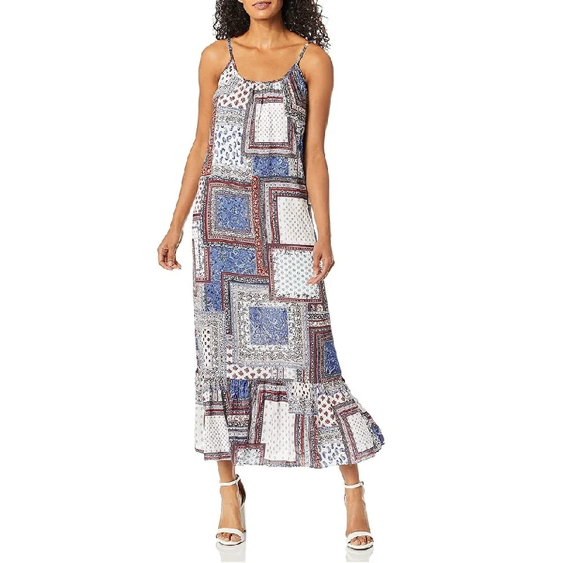 Cozy Vibes Karen Kane Women's Ruffle Hem Midi Print Dress Blue Size Large