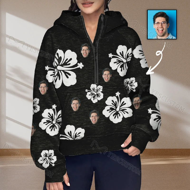 Casual Street Women's Half Zip Cropped Hoodies Custom Face Flowers Fleece Athletic Pullover Hoodies with Pockets Thumb Hole