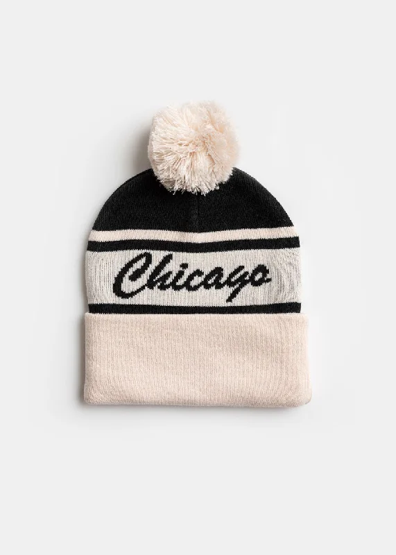 Comfy Chic Adult Mad Hatter Chicago Pom Beanie - Black Script