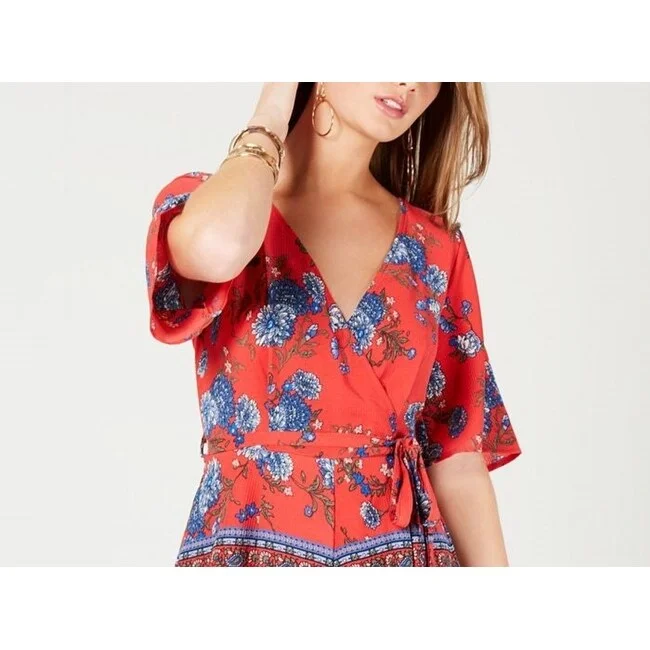 Renaissance Style Trixxi Women's Low Back Tie Neck Floral Short Sleeve V Neck Wrap Cocktail Romper Red Size Small