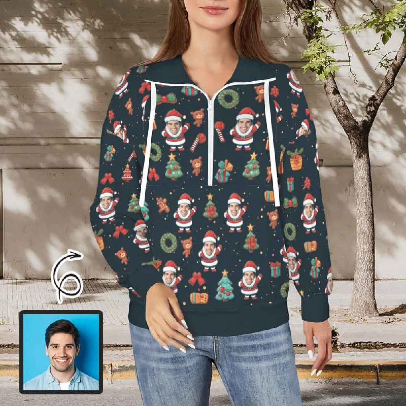 Fashion Innovation Custom Face Santa Claus Gift Christmas Women's Lapel Half Zip Pullover Drawstring Sweatshirts Fashion Outfits Fashion Innovation Custom Face Santa Claus Gift Christmas Women's Lapel Half Zip Pullover Drawstring Sweatshirts Fashion Outfits