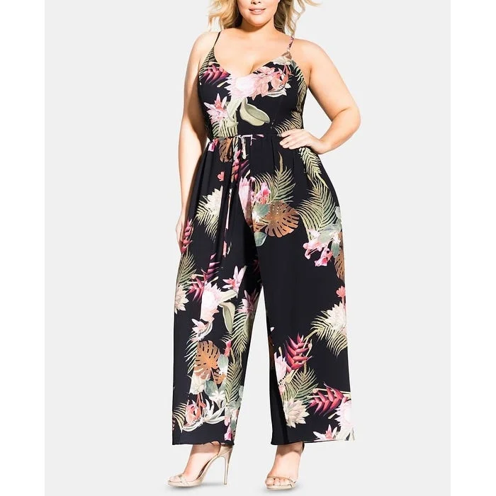 Stylish Wear City Chic Women's Zippered Racerback Floral Spaghetti Strap V Neck Cocktail Wide Leg Jumpsuit Black Size 18W Stylish Wear City Chic Women's Zippered Racerback Floral Spaghetti Strap V Neck Cocktail Wide Leg Jumpsuit Black Size 18W