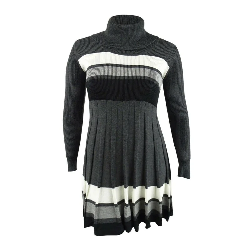 Casual Chic Calvin Klein Women's Ribbed Striped Long Sleeve Turtle Neck Below The Knee Accordion Pleat Dress Grey Size Medium