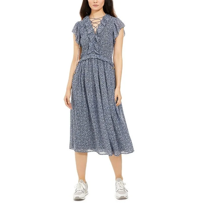 Weekend Style Michael Kors Women's Ruffle Neck Printed Dress Blue Size Medium