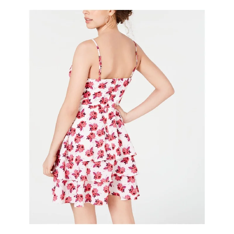 Soft Comfort B Darlin Women's Zippered Floral Spaghetti Strap V Neck Mini Layered Dress White Size 7\8 Soft Comfort B Darlin Women's Zippered Floral Spaghetti Strap V Neck Mini Layered Dress White Size 7\8