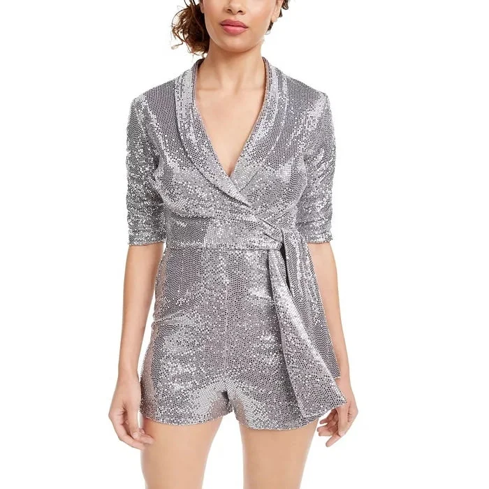 Comfortable And Cold-proof Crystal Dolls Women's Sequined 3/4 Sleeve V Neck Wrap Party Romper Gray Size X-Small Comfortable And Cold-proof Crystal Dolls Women's Sequined 3/4 Sleeve V Neck Wrap Party Romper Gray Size X-Small