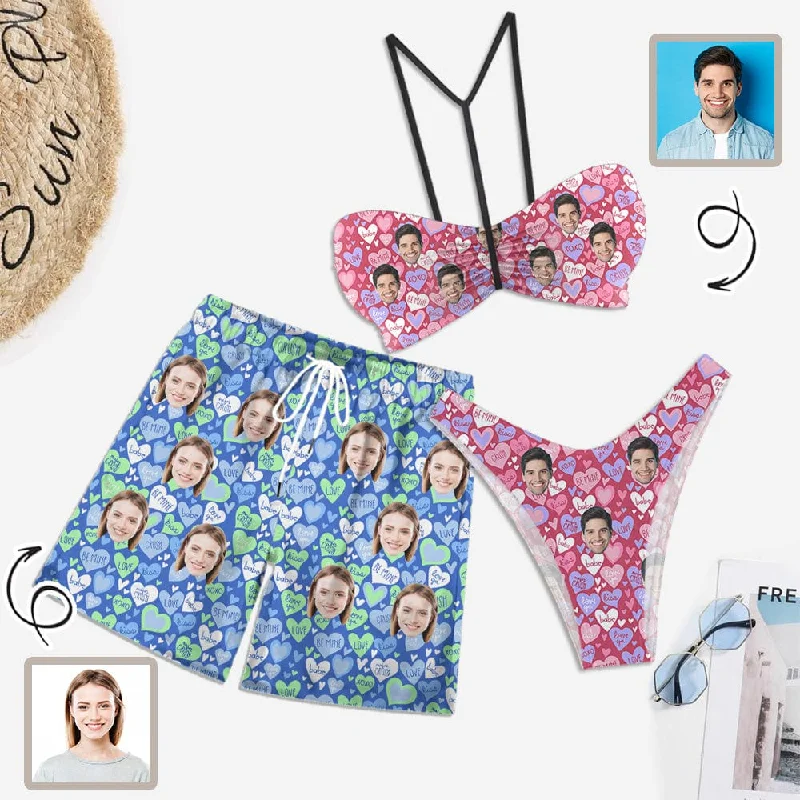 Comfy Chic Couple Matching Swimwear Custom Face Pink And Blue Love Heart Women's Adjustable Halter Neck Straps Bikini Set & Men's Swim Shorts Comfy Chic Couple Matching Swimwear Custom Face Pink And Blue Love Heart Women's Adjustable Halter Neck Straps Bikini Set & Men's Swim Shorts