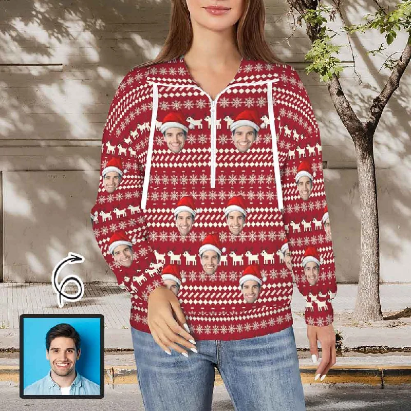 Practical Style Custom Face Merry Christmas Women's Lapel Half Zip Pullover Drawstring Sweatshirts Fashion Outfits Practical Style Custom Face Merry Christmas Women's Lapel Half Zip Pullover Drawstring Sweatshirts Fashion Outfits