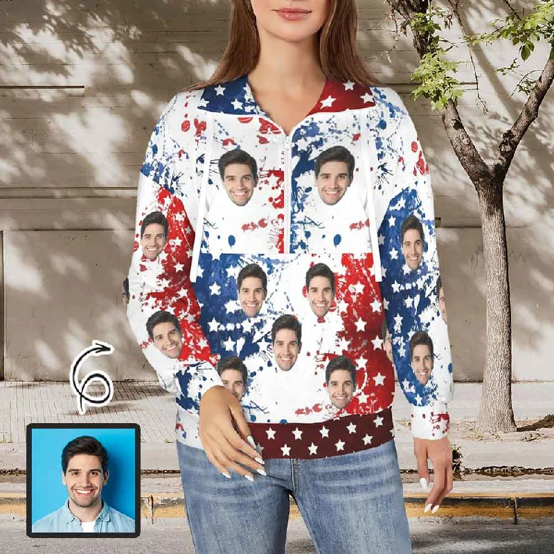 High-end Wear Custom Face USA Flag Women's Lapel Half Zip Pullover Drawstring Sweatshirts Fashion Outfits High-end Wear Custom Face USA Flag Women's Lapel Half Zip Pullover Drawstring Sweatshirts Fashion Outfits