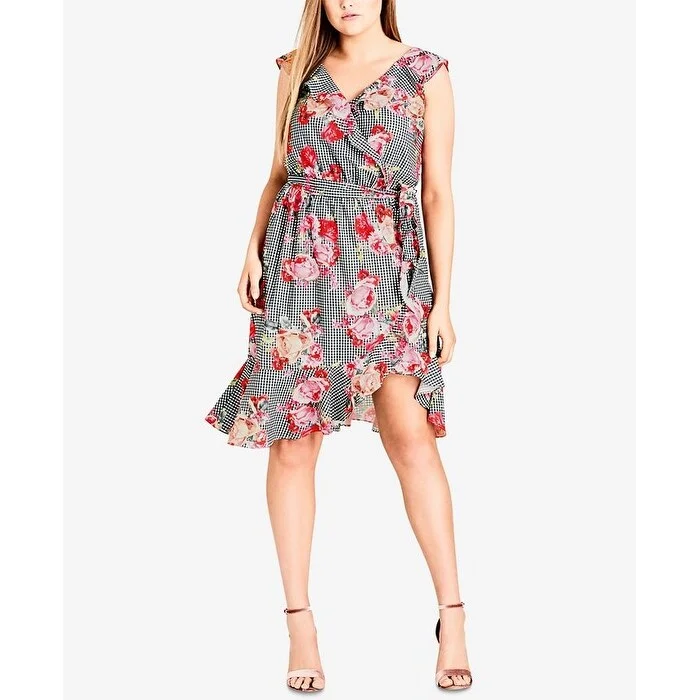 Creative Style City Chic Women's Trendy Plus Ruffle Trim Faux Wrap Dress Black/Pink Size 20W Creative Style City Chic Women's Trendy Plus Ruffle Trim Faux Wrap Dress Black/Pink Size 20W