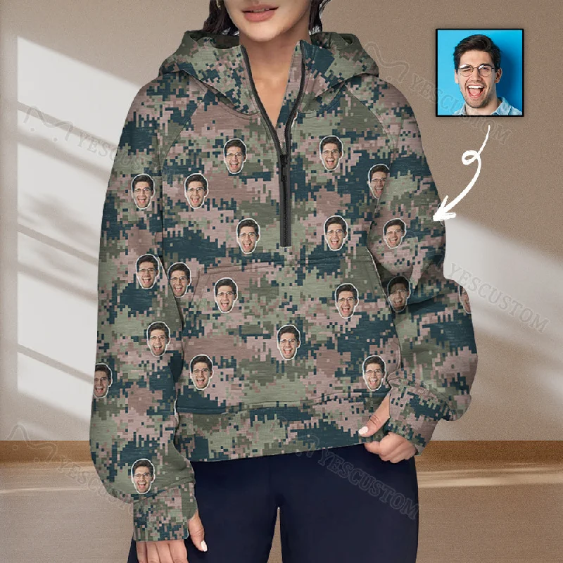 Customized Version Women's Half Zip Cropped Hoodies Custom Face Camouflage Fleece Athletic Pullover Hoodies with Pockets Thumb Hole