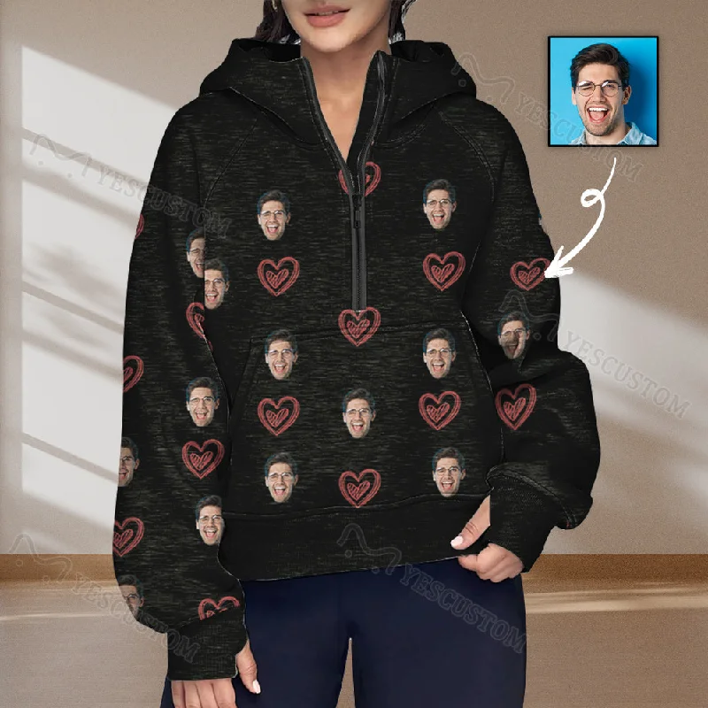 High-end Design Women's Half Zip Cropped Hoodies Custom Face Love Heart Fleece Athletic Pullover Hoodies with Pockets Thumb Hole