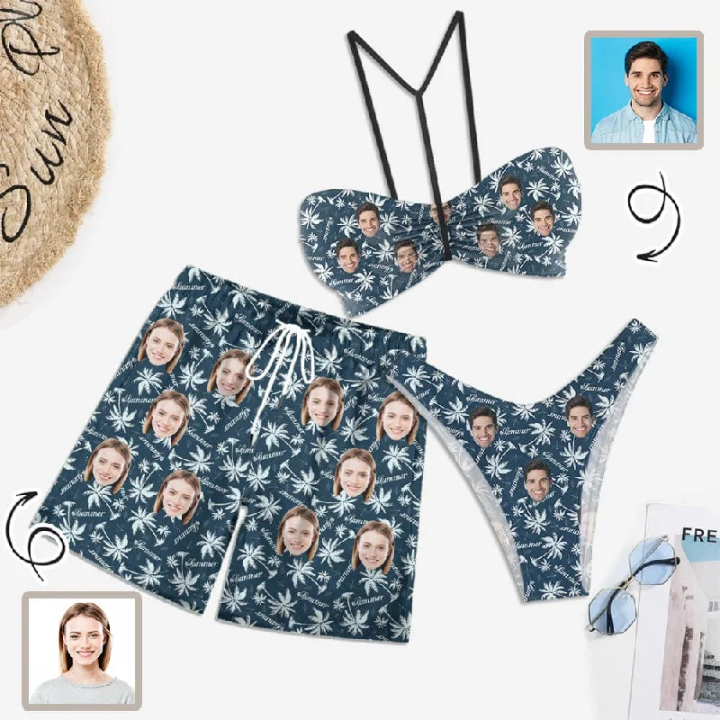 Cozy Outfit Couple Matching Swimwear Custom Face Palm Tree Women's Adjustable Halter Neck Straps Bikini Set & Men's Swim Shorts Cozy Outfit Couple Matching Swimwear Custom Face Palm Tree Women's Adjustable Halter Neck Straps Bikini Set & Men's Swim Shorts