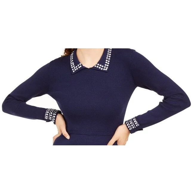 Bright Colors Planet Gold Women's Beaded Long Sleeve Collared Above The Knee Sheath Dress Blue Size X-Small Bright Colors Planet Gold Women's Beaded Long Sleeve Collared Above The Knee Sheath Dress Blue Size X-Small