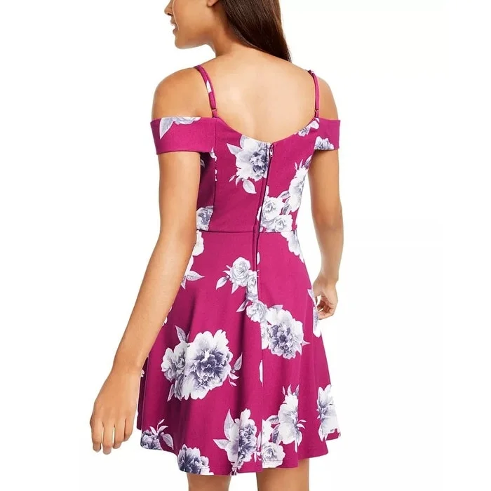 Trendy Casuals City Studios Juniors' Off-The-Shoulder Floral-Print Dress Wine Size 0 Trendy Casuals City Studios Juniors' Off-The-Shoulder Floral-Print Dress Wine Size 0