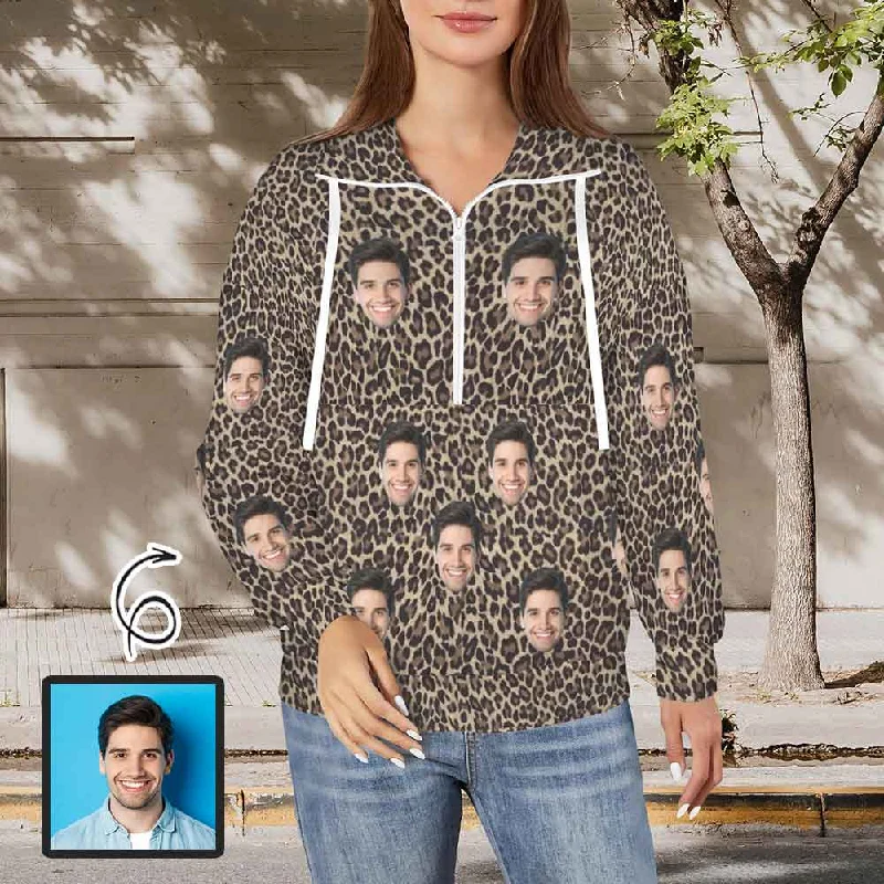 Casual Wear Custom Face Leopard Women's Lapel Half Zip Pullover Drawstring Sweatshirts Fashion Outfits Casual Wear Custom Face Leopard Women's Lapel Half Zip Pullover Drawstring Sweatshirts Fashion Outfits