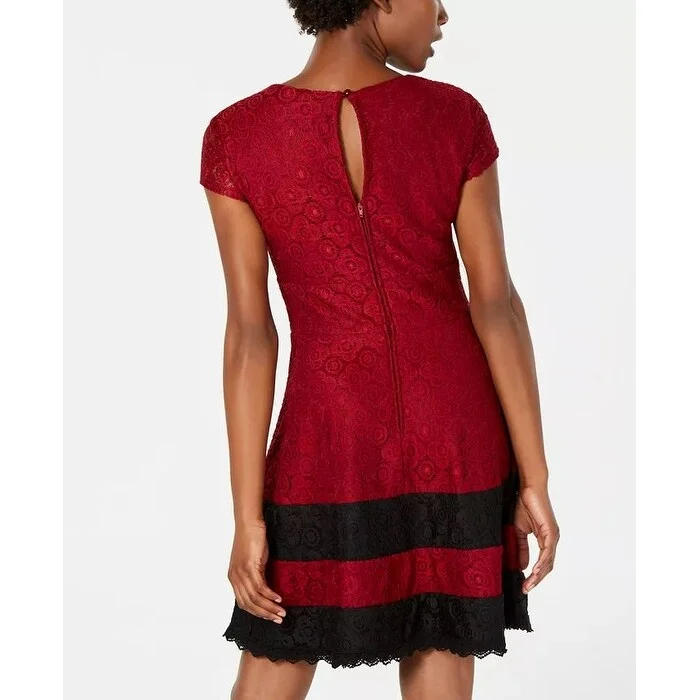 Comfortable Mind Teeze Me Women's Lace Zippered Short Sleeve Jewel Neck Mini Fit Flare Dress Red Size 0