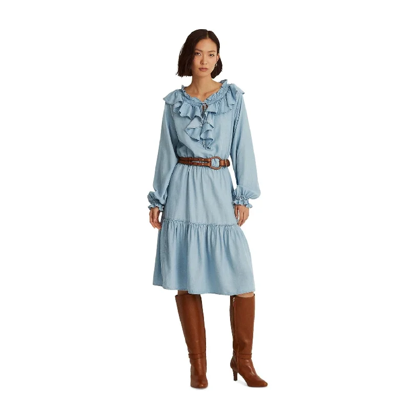 New Products Ralph Lauren Women's Tie Ruffled Blouson Sleeve Split Below The Knee Blouson Dress Blue Size 12 New Products Ralph Lauren Women's Tie Ruffled Blouson Sleeve Split Below The Knee Blouson Dress Blue Size 12