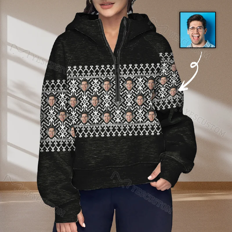 Wandering freely Women's Half Zip Cropped Hoodies Custom Face Ethnic Fleece Athletic Pullover Hoodies with Pockets Thumb Hole