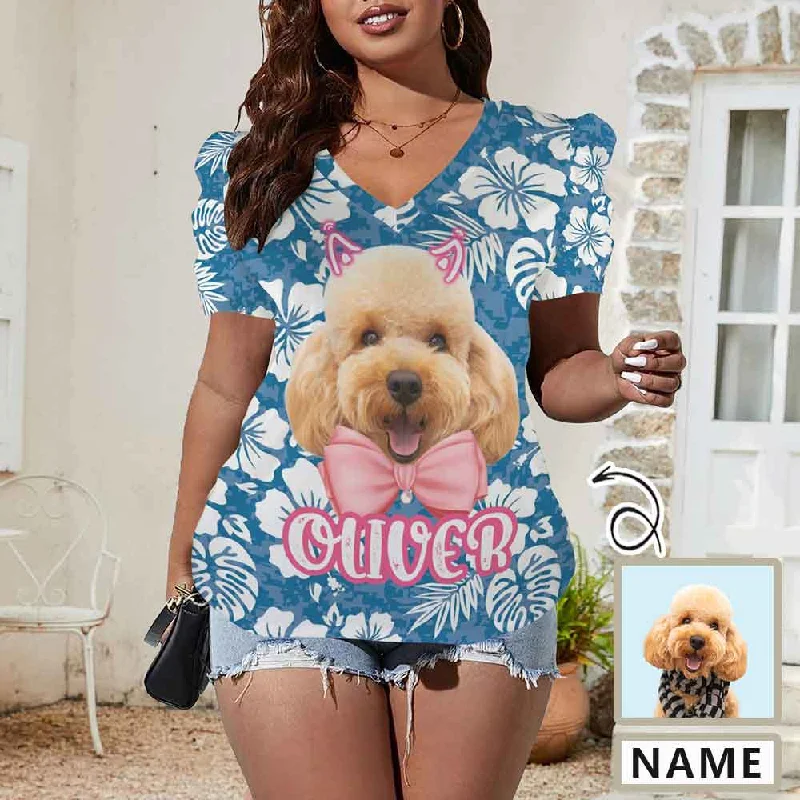 Easy Fashion Custom Pet Face&Name Women's V-Neck Puff Sleeve T-Shirts Personalized Summer Casual Shirt Tops for Women Easy Fashion Custom Pet Face&Name Women's V-Neck Puff Sleeve T-Shirts Personalized Summer Casual Shirt Tops for Women