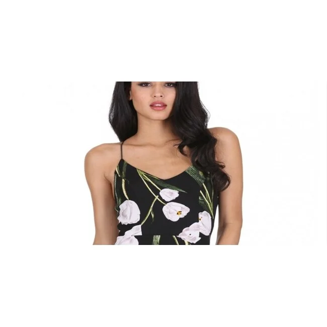 Romantic Temperament Ax Paris Women's Black Floral Mid V Neck Frill Hem Dress Black Size 14 Romantic Temperament Ax Paris Women's Black Floral Mid V Neck Frill Hem Dress Black Size 14