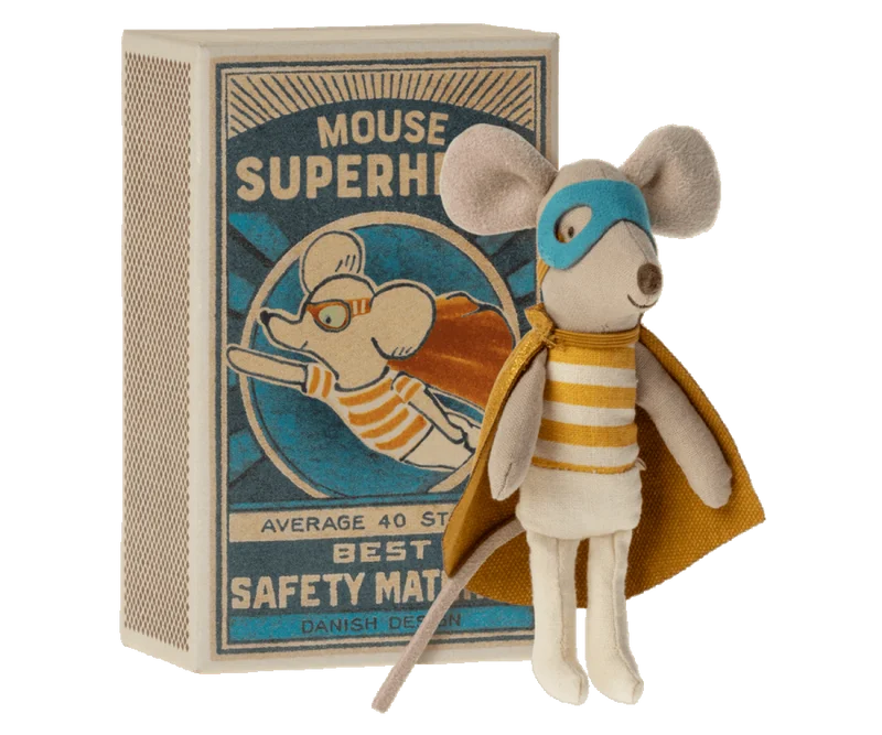 Fresh Wear Maileg Superhero Mouse, Little Brother in Matchbox