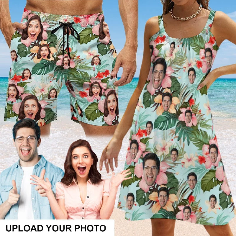 Easy Fashion Custom Face Flowers Green Couple Swim Shorts&Dress Men's Swim Trunks Women's Beach Sling Skirt