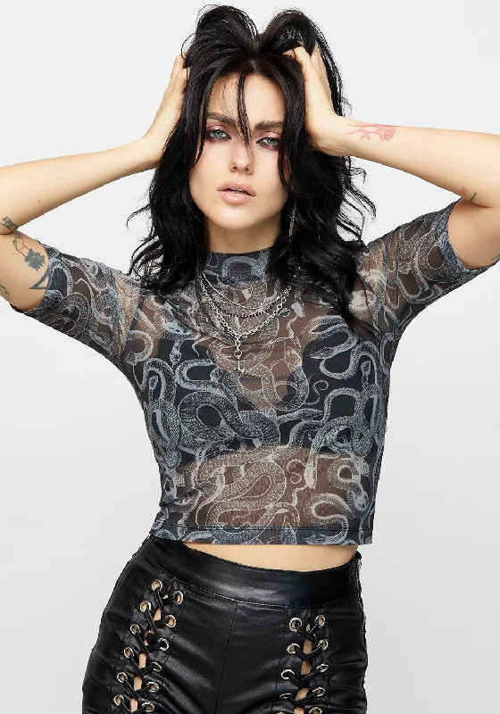 Refreshing Design Serpente Print Mesh Short Sleeve Crop Top