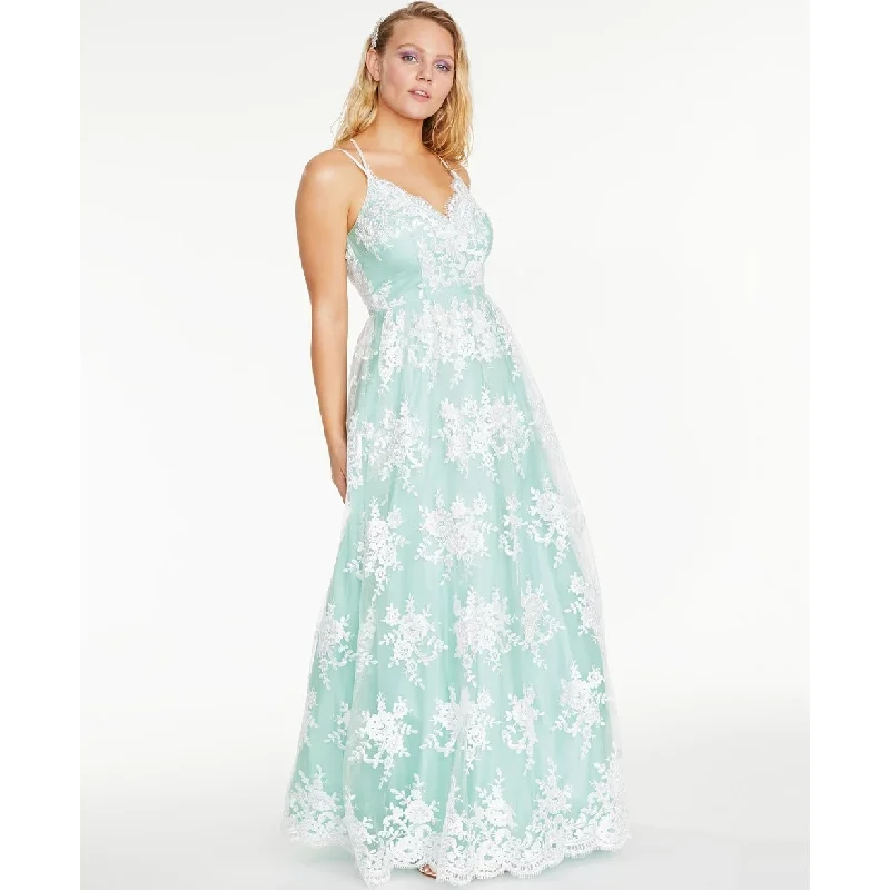Fashionable Prints Say Yes to the Prom Juniors' Embroidered Mesh Gown Aqua Size 5/6