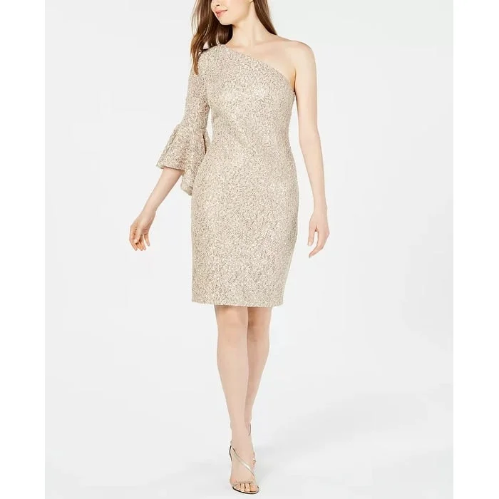 Retro Prints Calvin Klein Women's Beaded Floral Bell Sleeve Asymmetrical Neckline Above The Knee Sheath Evening Dress Beige Size 16 Retro Prints Calvin Klein Women's Beaded Floral Bell Sleeve Asymmetrical Neckline Above The Knee Sheath Evening Dress Beige Size 16