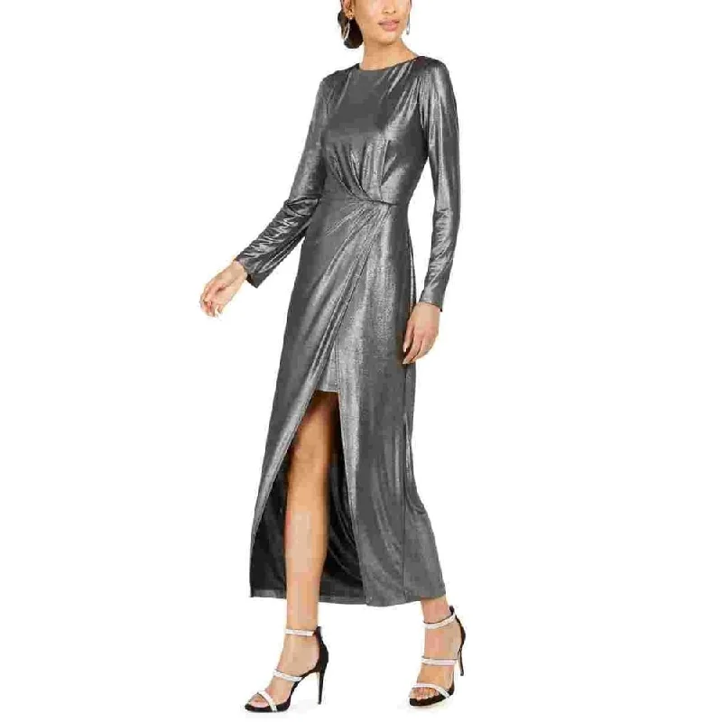 Sports Series Julia Jordan Women's Front Slit Long Sleeve Knit Maxi Dress Metallic Silver Size 14 Sports Series Julia Jordan Women's Front Slit Long Sleeve Knit Maxi Dress Metallic Silver Size 14