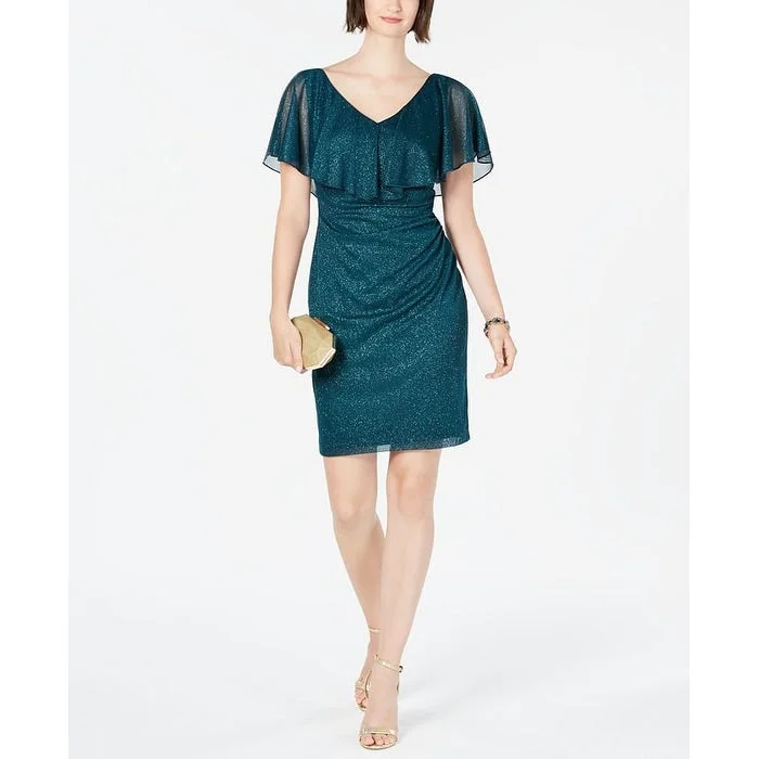 Effortless Comfort Connected Women's Ruffle Overlay Glitter Dress Green Size 10