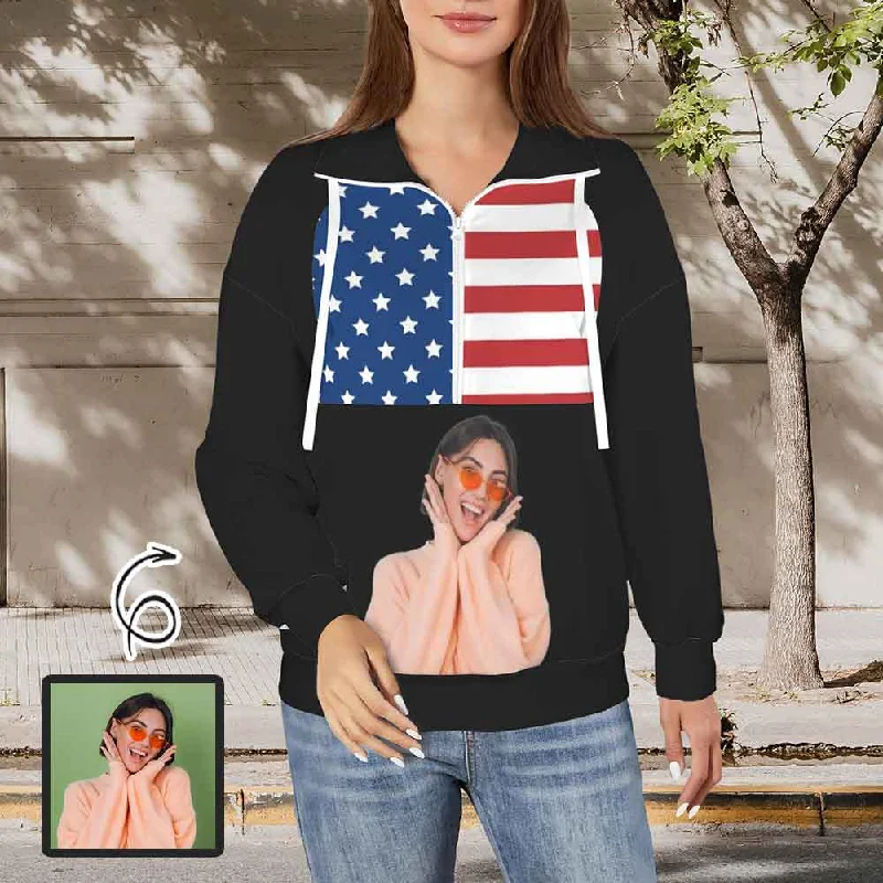 Comfortable Wear Custom Face American Flag Style Women's Lapel Half Zip Pullover Drawstring Sweatshirts Fashion Outfits Comfortable Wear Custom Face American Flag Style Women's Lapel Half Zip Pullover Drawstring Sweatshirts Fashion Outfits