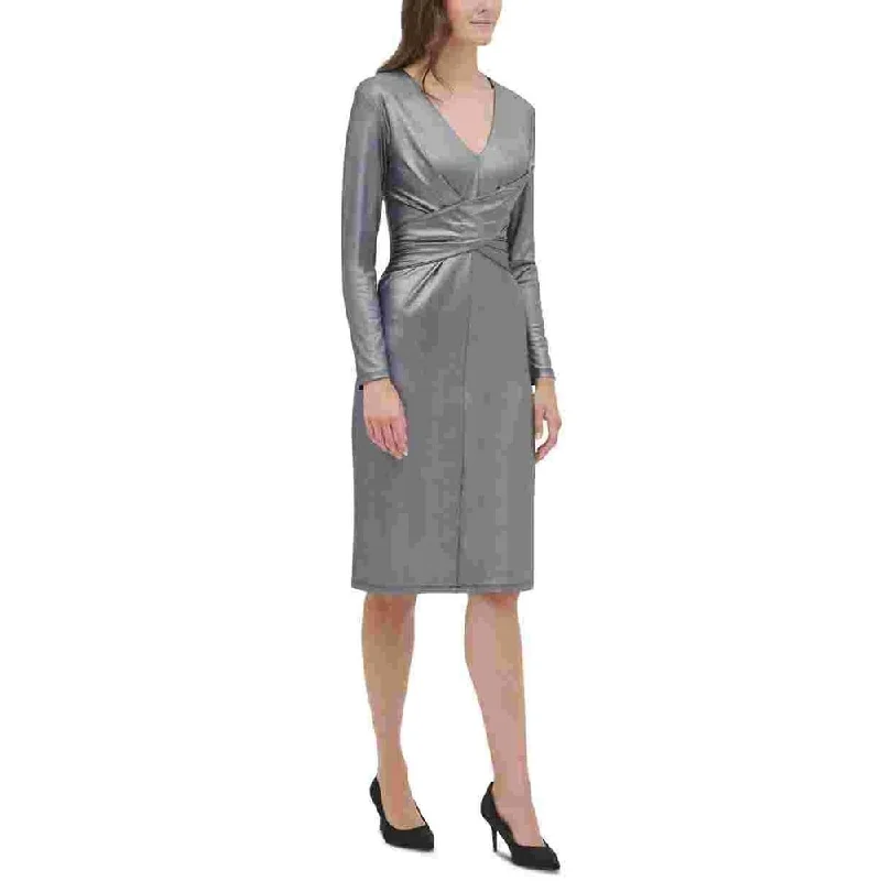 Body Design Tommy Hilfiger Women's Silver 3/4 Sleeve V Neck Below The Knee Party Dress Blue Size 6 Body Design Tommy Hilfiger Women's Silver 3/4 Sleeve V Neck Below The Knee Party Dress Blue Size 6