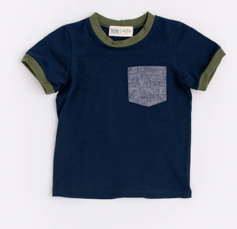 Cozy Chic Thimble Ringer Pocket Tee in Navy & Olive