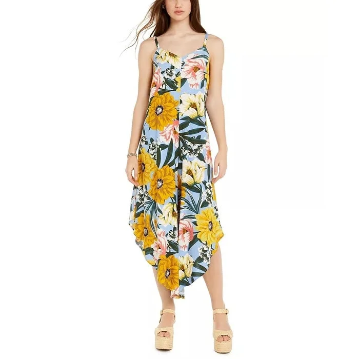 Minimal Comfort JUST HANGING Juniors' Floral-Print Asymmetrical-Hem Cropped Jumpsuit Blue Size X-Large Minimal Comfort JUST HANGING Juniors' Floral-Print Asymmetrical-Hem Cropped Jumpsuit Blue Size X-Large