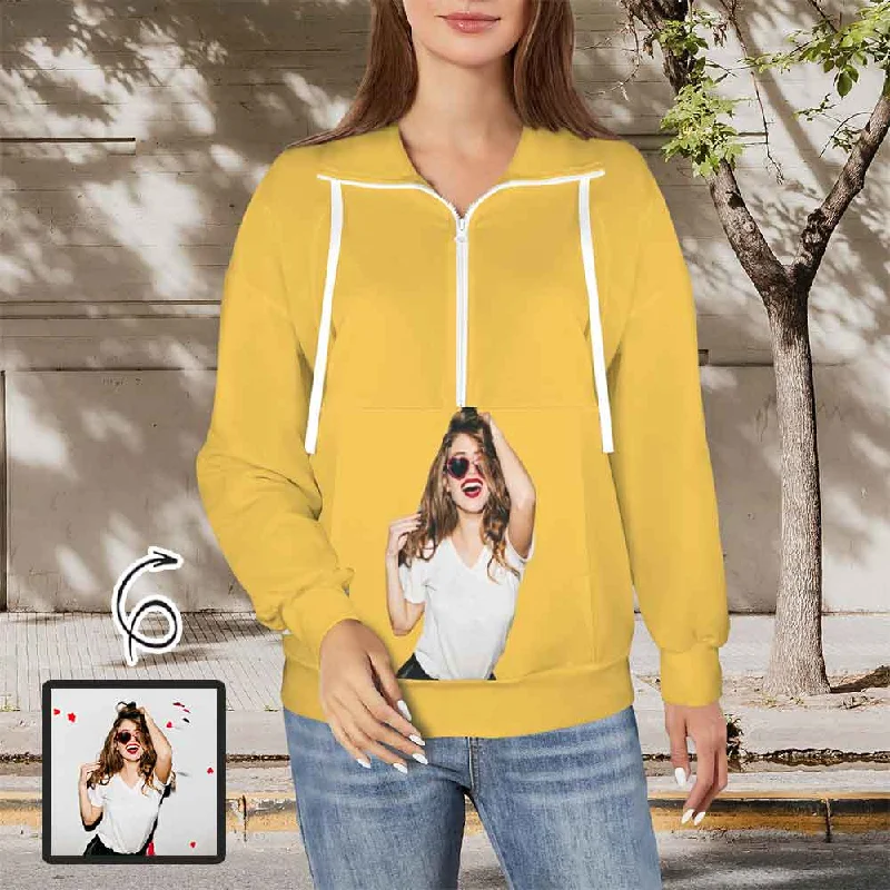 Luxury Fashion Custom Face Yellow Women's Lapel Half Zip Pullover Drawstring Sweatshirts Fashion Outfits Luxury Fashion Custom Face Yellow Women's Lapel Half Zip Pullover Drawstring Sweatshirts Fashion Outfits