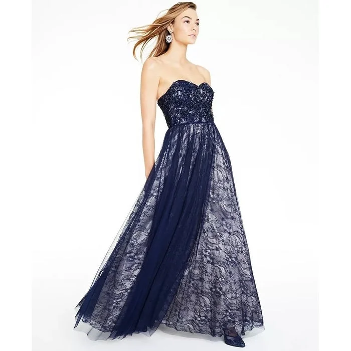 Elegant Temperament Say Yes To The Prom Juniors' Sequin-Trim Strapless Lace Gown Navy Size 0 Elegant Temperament Say Yes To The Prom Juniors' Sequin-Trim Strapless Lace Gown Navy Size 0