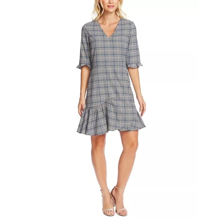 Light And Breathable CeCe Women's Plaid V-Neck Flounce Dress Gray Size 0