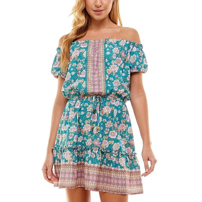 Lazy Style City Studios Junior's Drawstring Waist Off The Shoulder Dress Pink Size X-Large